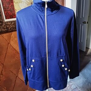 NWT Threehearts Zip Up Long Sleeve Pearl Side Pockets Petite Large Blue Jacket